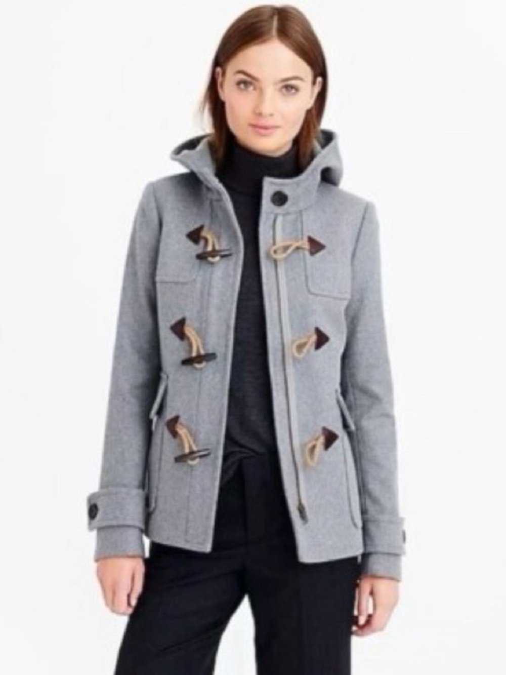 J.Crew Classic Melton Wool Duffle Coat in gray with rope and wood toggles. 4.